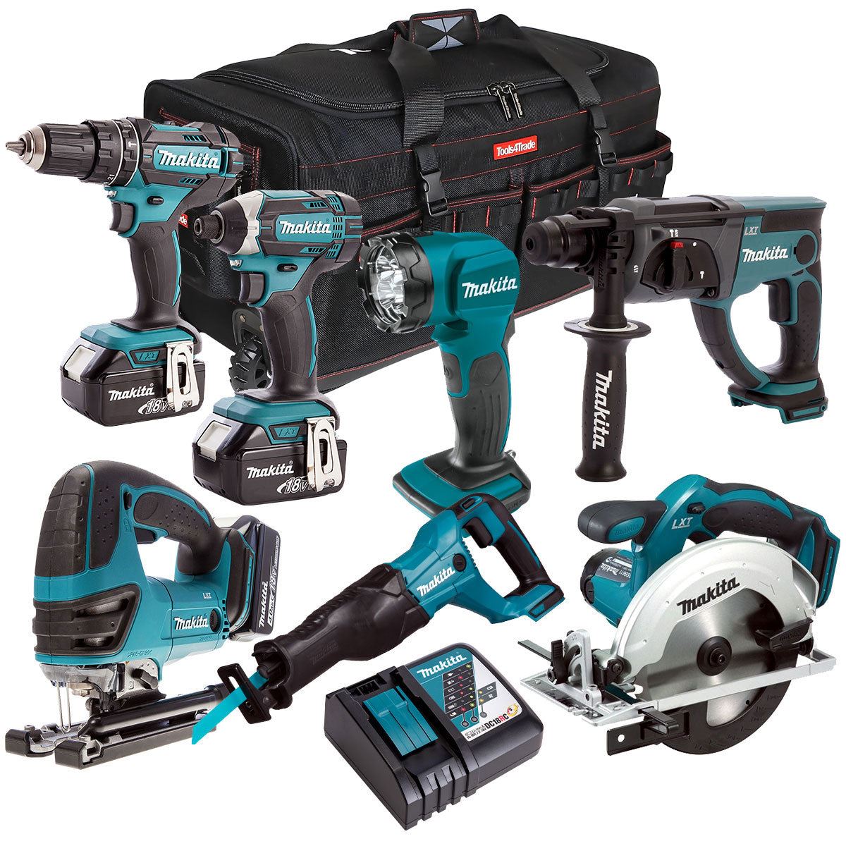 Makita 18V 7 Piece Combo Kit with 3 x 5.0Ah Batteries & Charger T4TKIT-201