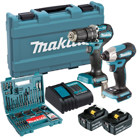Makita DLX2414ST 18V Brushless Twin Pack Combi Drill & Impact Driver with 2 x 5.0Ah Battery & 100 Piece Drill Set