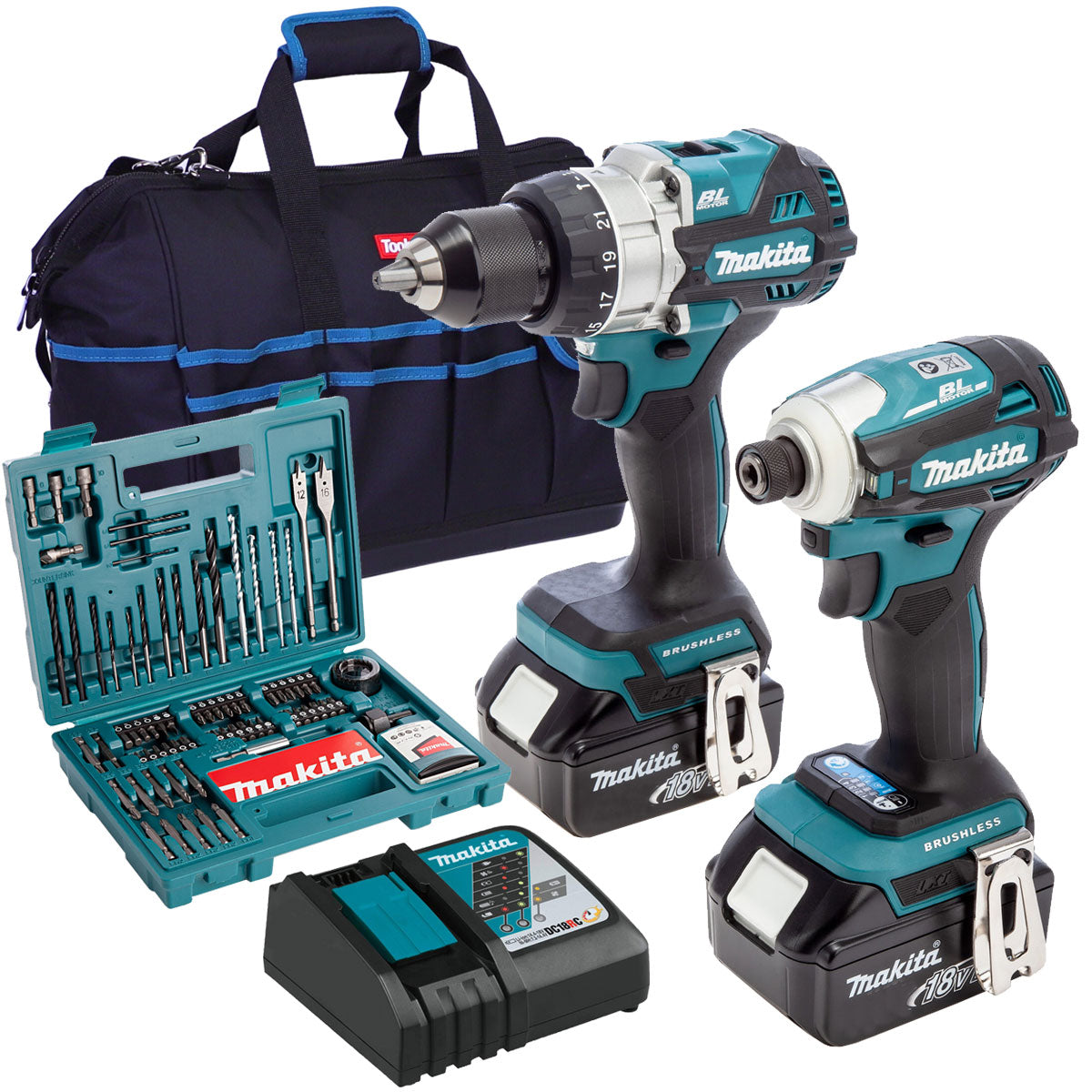 Makita 18V Brushless Twin Pack Combi Drill & Impact Driver With 2 x 4.0Ah Battery & 100 Piece Drill Set T4TKIT-16184