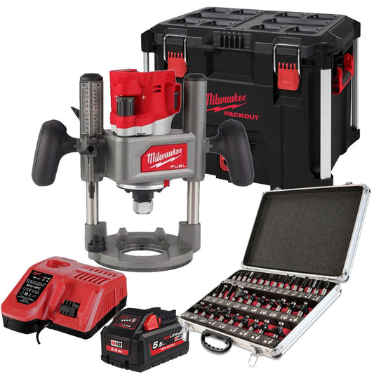 Milwaukee M18FR12KIT 18V Fuel Brushless 1/2" Router Cutter with 1 x 5.5Ah Battery Charger Case & 35 Piece Cutter set