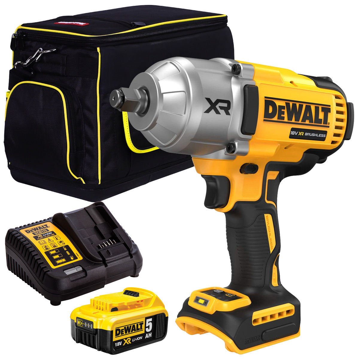 Dewalt DCF900N 18V XR Brushless 1/2” High Torque Impact Wrench Hog Ring with 1 x 5.0Ah Battery Charger & 20