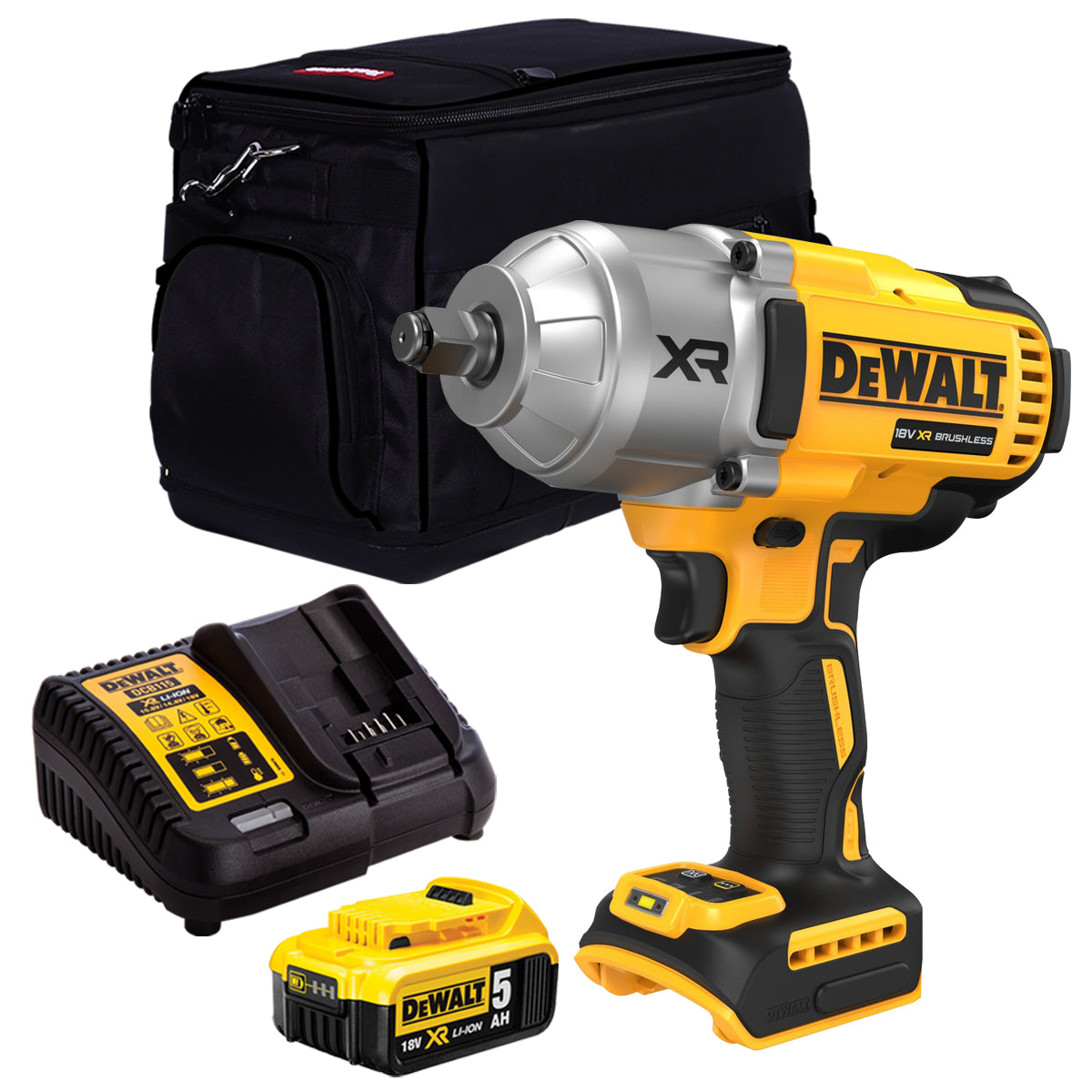 Dewalt DCF900N 18V XR Brushless 1/2” High Torque Impact Wrench Hog Ring with 1 x 5.0Ah Battery Charger & 20