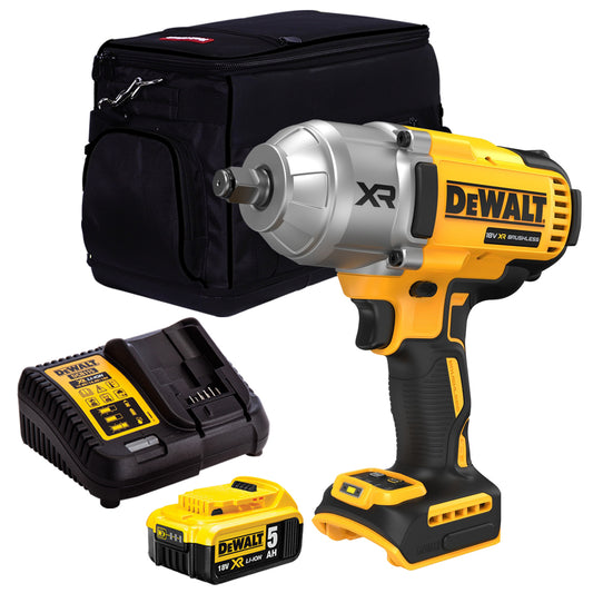 Dewalt DCF900N 18V XR Brushless 1/2” High Torque Impact Wrench Hog Ring with 1 x 5.0Ah Battery Charger & 20" Bag