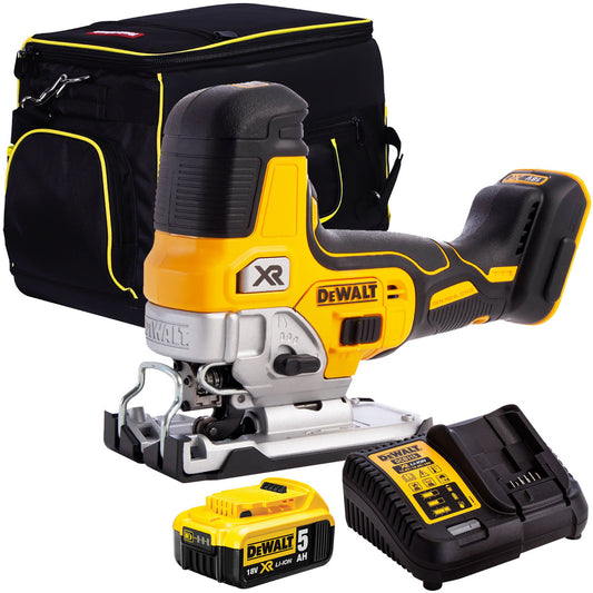 DeWalt DCS335N 18V Brushless Grip Jigsaw with 1 x 5.0Ah Battery Charger & 20" Bag