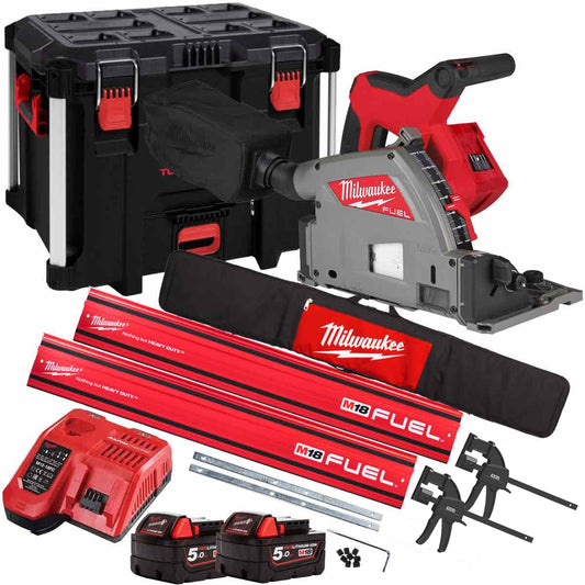 Milwaukee M18FPS55-0P 18V 165mm Fuel Brushless Plunge Saw with 2 x 5.0Ah Battery & Guide Rail Kit