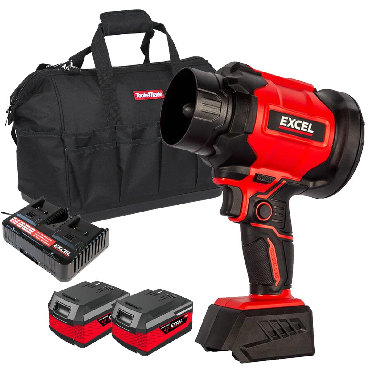 Excel 18V Brushless Storm Blower Turbo Mode with 2 x 4.0Ah Battery, Dual Port Fast Charger & Bag