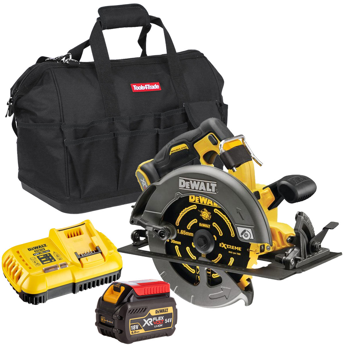 Dewalt DCS578N 54V XR Flexvolt Brushless 190mm Circular Saw with 1 x 6.0Ah Battery Charger & Bag