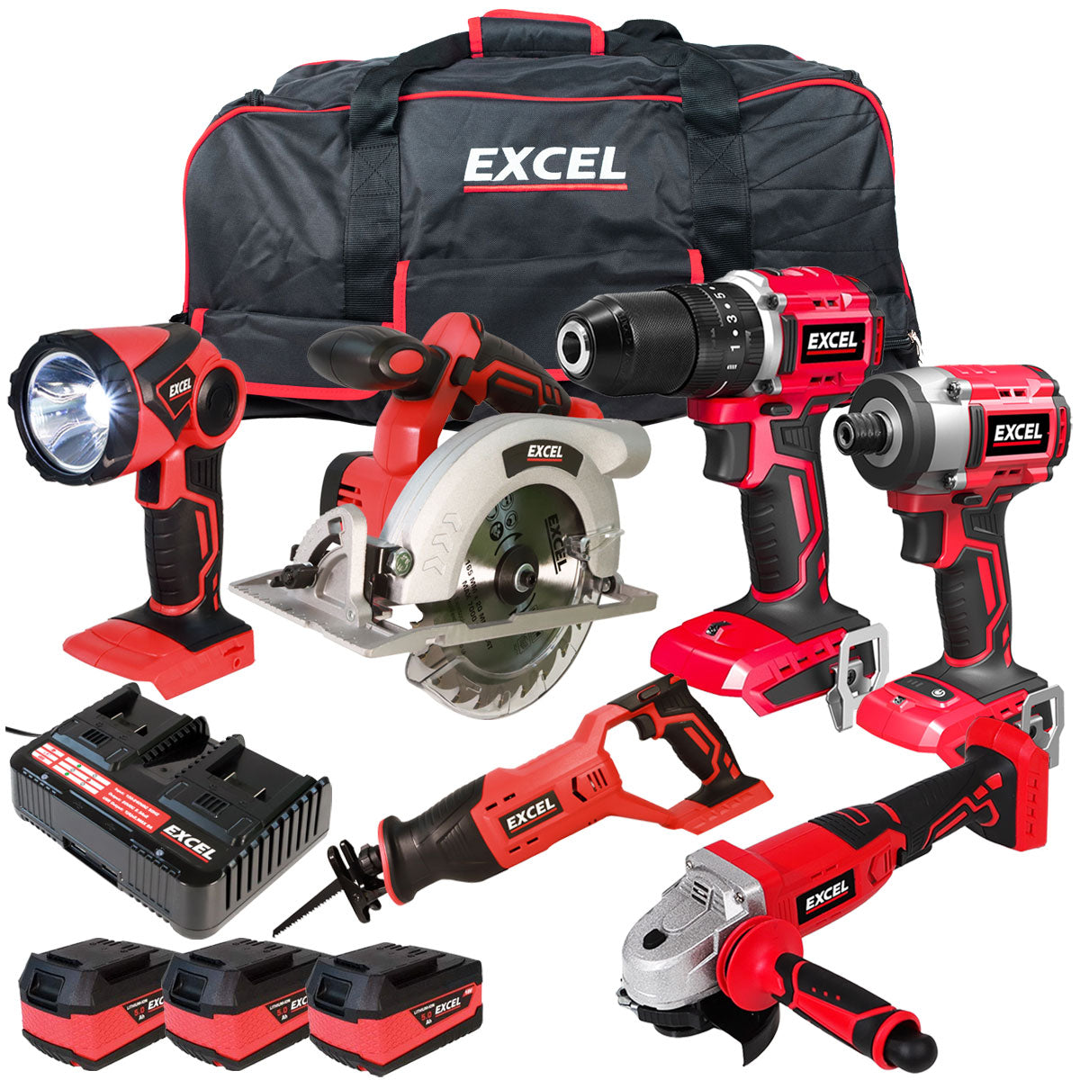 Excel 18V 6 Piece Power Tool Kit with 3 x 5.0Ah Batteries & Charger EXLKIT-16287