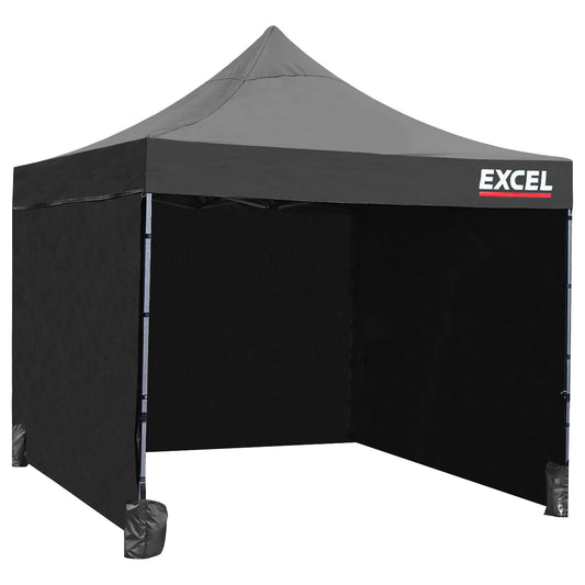 Excel Steel Gazebo 3m x 3m Black with Wheel Bag, Wall panel, Sand Bag, Rope & Pegs