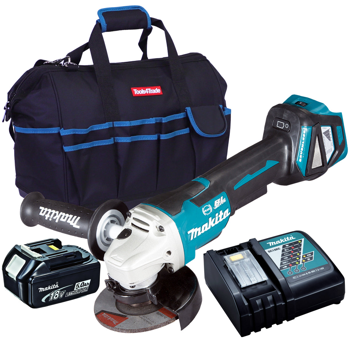 Makita DGA463Z 18V Brushless 115mm Angle Grinder with 1 x 5.0Ah Battery Charger & 18