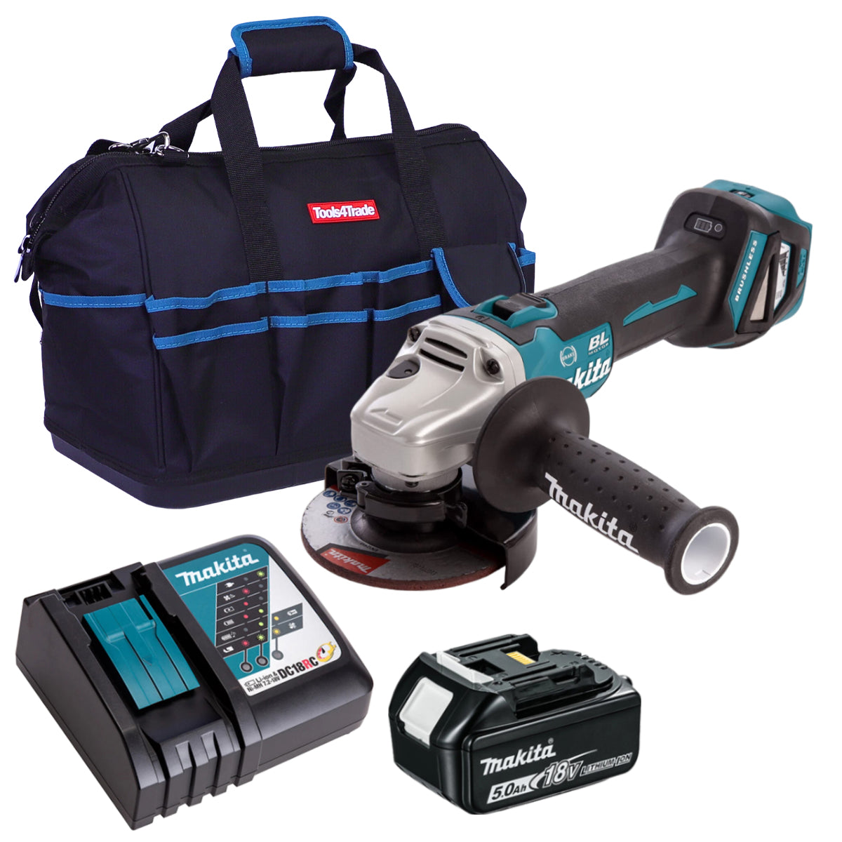 Makita DGA463Z 18V Brushless 115mm Angle Grinder with 1 x 5.0Ah Battery Charger & 18