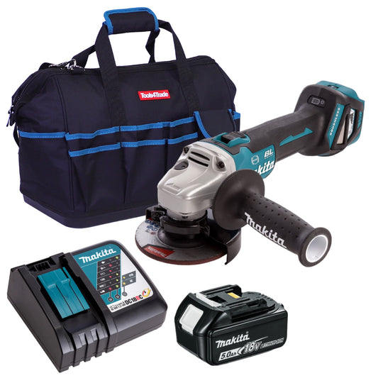 Makita DGA463Z 18V Brushless 115mm Angle Grinder with 1 x 5.0Ah Battery Charger & 18" Bag