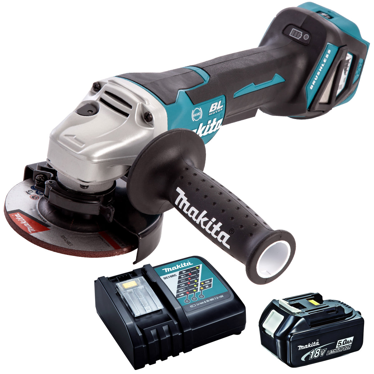 Makita DGA467Z 18V Brushless 115mm Angle Grinder with 1 x 5.0Ah Battery & Charger