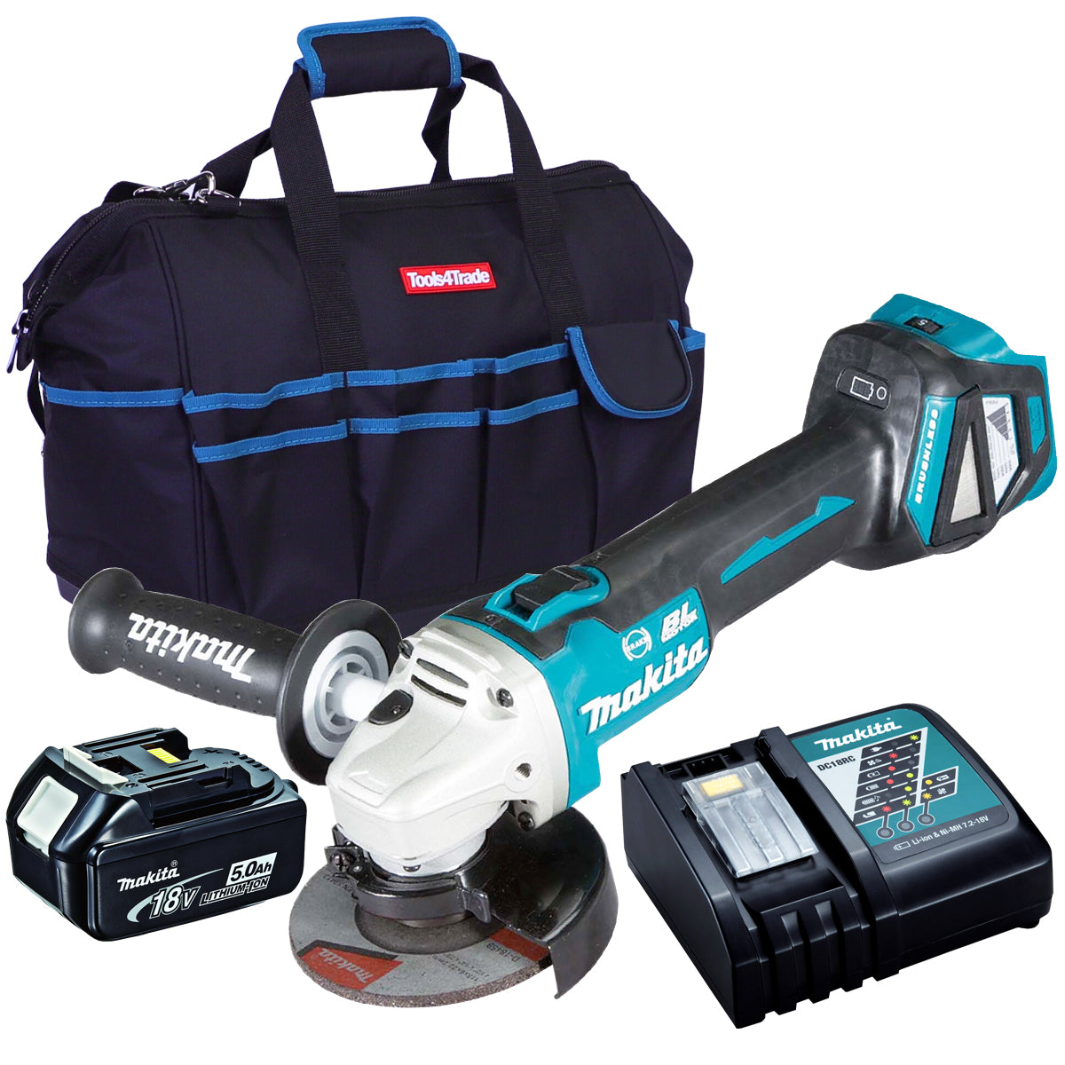 Makita DGA513Z 18V Brushless 125mm Angle Grinder with 1 x 5.0Ah Battery Charger & Bag