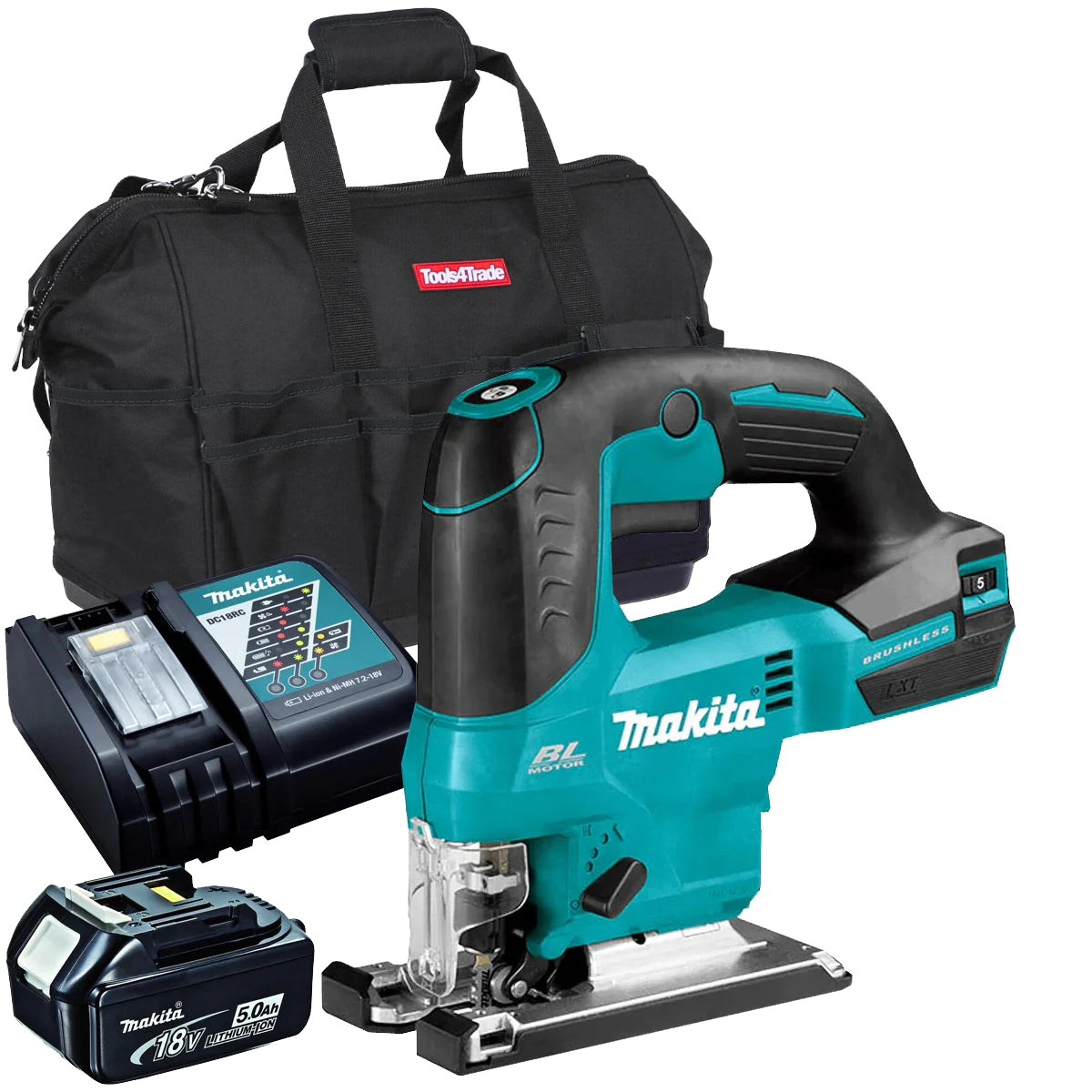 Makita DJV184Z 18V Brushless Top Handle Jigsaw With 1 x 5.0Ah Battery, Charger & Bag