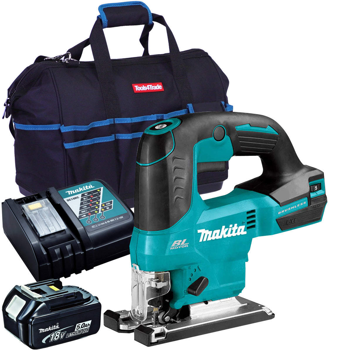 Makita DJV184Z 18V Brushless Top Handle Jigsaw with 1 x 5.0Ah Battery Charger & Bag