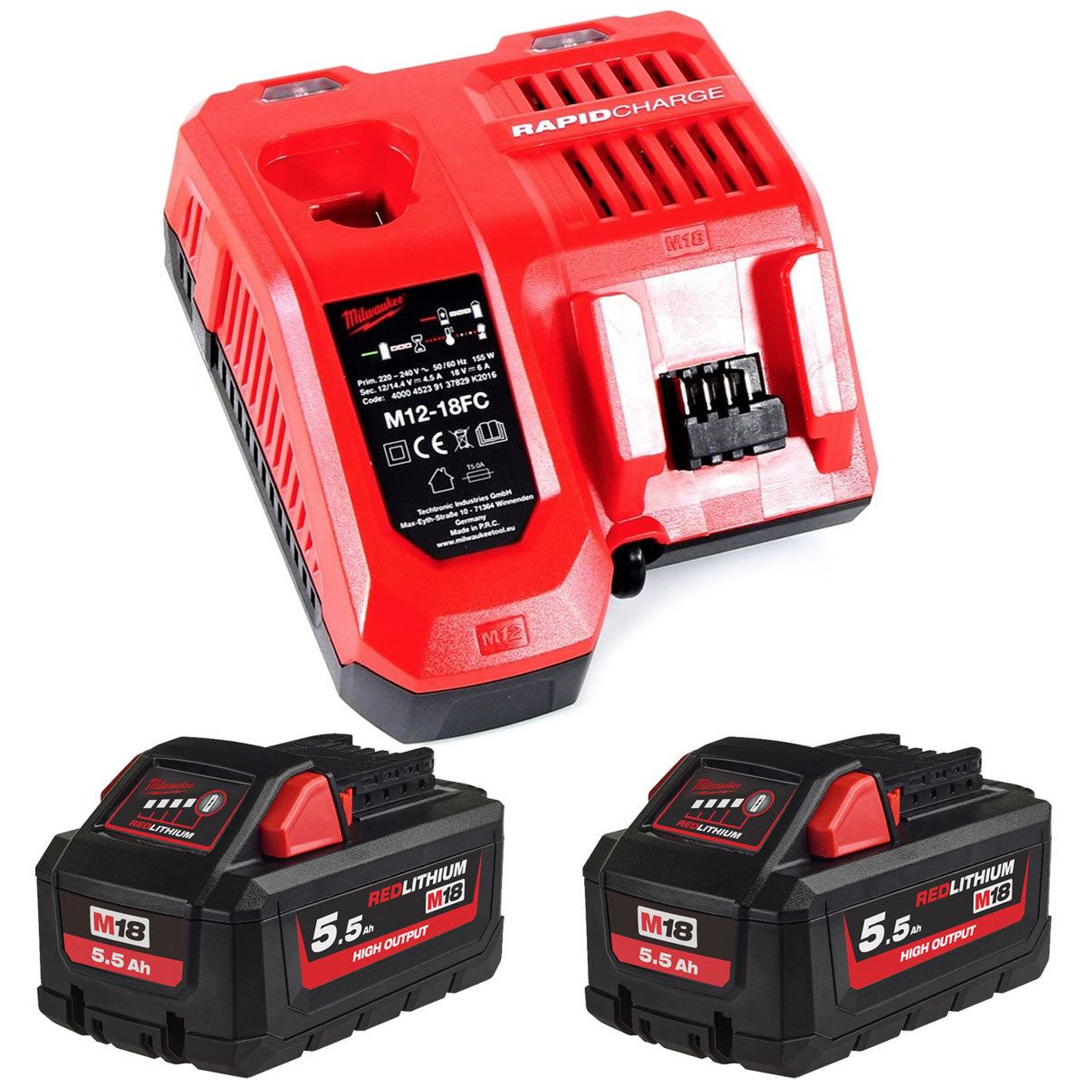Milwaukee M18HB5.5 18V RedLithium-Ion High Output 2 x 5.5Ah Battery with Fast Charger