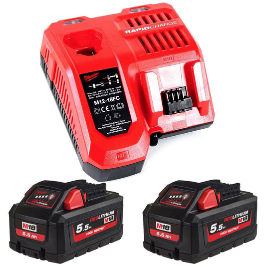 Milwaukee M18HB5.5 18V RedLithium-Ion High Output 2 x 5.5Ah Battery with Fast Charger