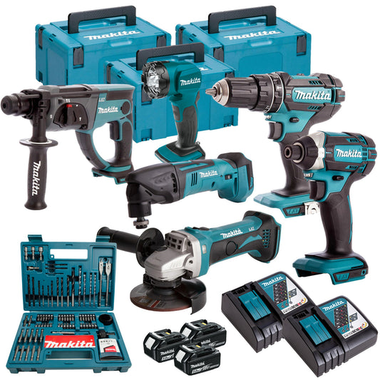 Makita 18V 6 Piece Power Tool Kit with 3 x 5.0Ah Battery Charger & 100 Piece Bit Set T4TKIT-16457