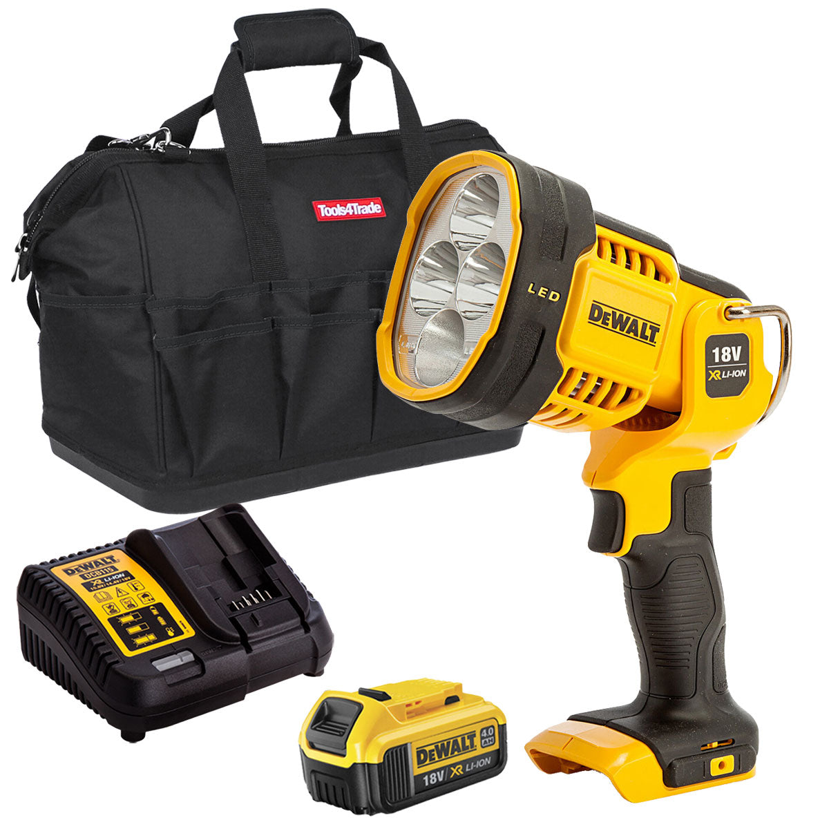 DeWalt DCL043 18V LED Spotlight with 1 x 4.0Ah Battery Charger & Bag