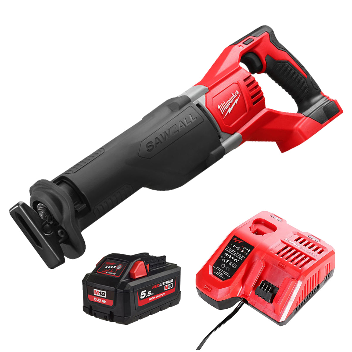 Milwaukee M18BSX-0 18V Heavy Duty Sawzall Reciprocating Saw with 1 x 5.5Ah Battery & Charger