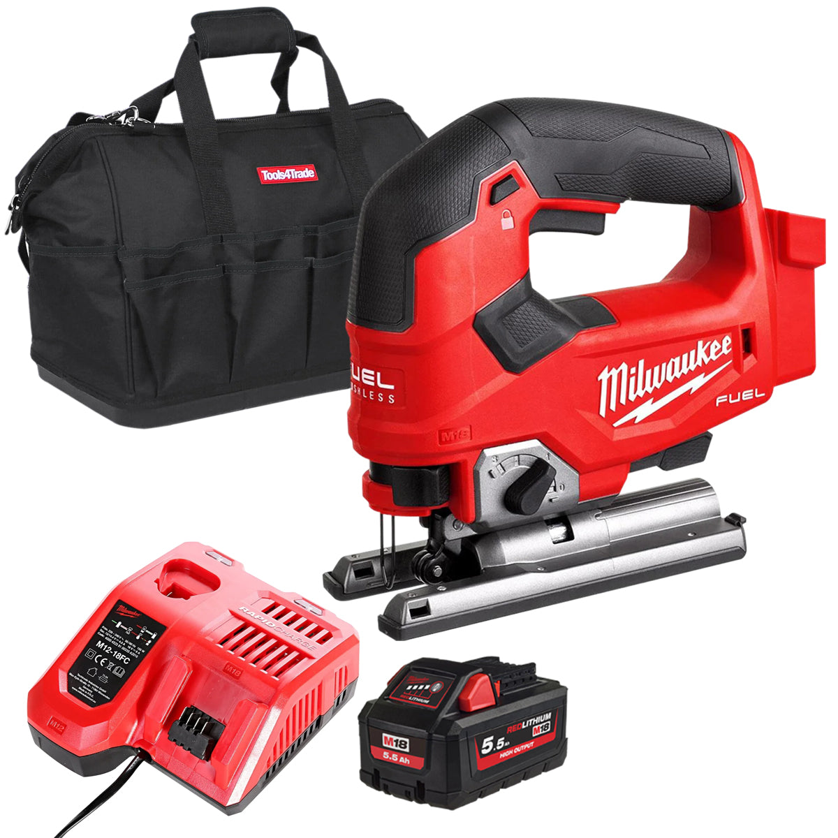 Milwaukee M18FJS-0 18V Brushless Fuel Top Handle Jigsaw with 1 x 5.5Ah Battery Charger & Bag