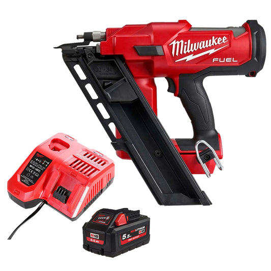 Milwaukee M18FFN-0 18V Fuel Brushless First Fix Angled Framing Nailer with 1 x 5.5Ah Battery & Charger