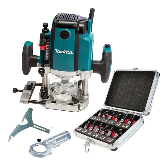 Makita RP1803/2 1/2" Plunge Router 240V/1650W With Cutter Bit 12 Piece Set