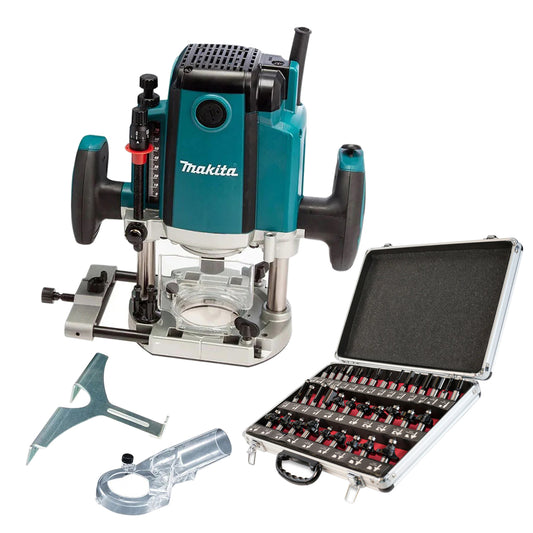 Makita RP1803/2 1/2" Plunge Router 240V/1650W With Cutter Bit 35 Piece Set