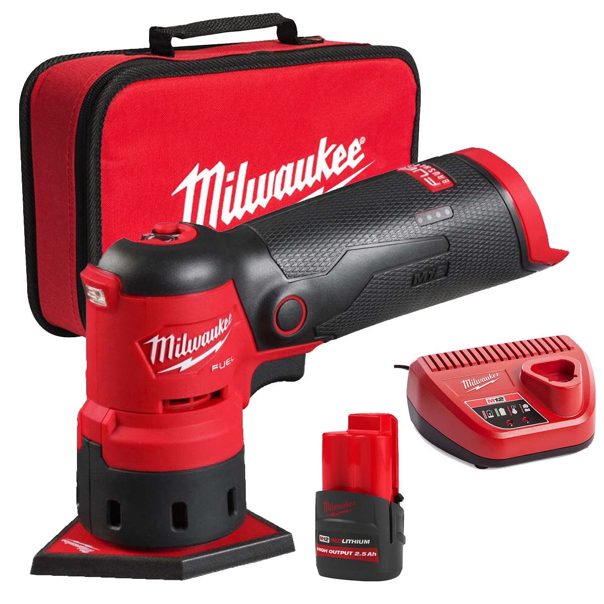 Milwaukee M12FDSS-0B 12V Brushless Spot Sander with 1 x 2.5Ah Battery Charger & Bag