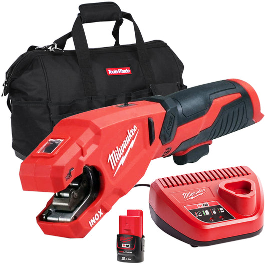 Milwaukee M12 PCSS-0 12V 12-28mm Pipe Cutter with 1 x 2.0Ah Battery Charger & Bag