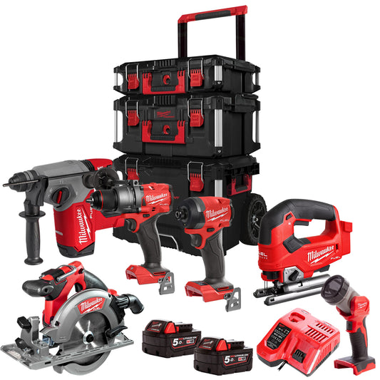 Milwaukee 18V Fuel Brushless 6 Piece Power Tool Kit With 2 x 5.0Ah Battery Charger & Trolley Toolbox