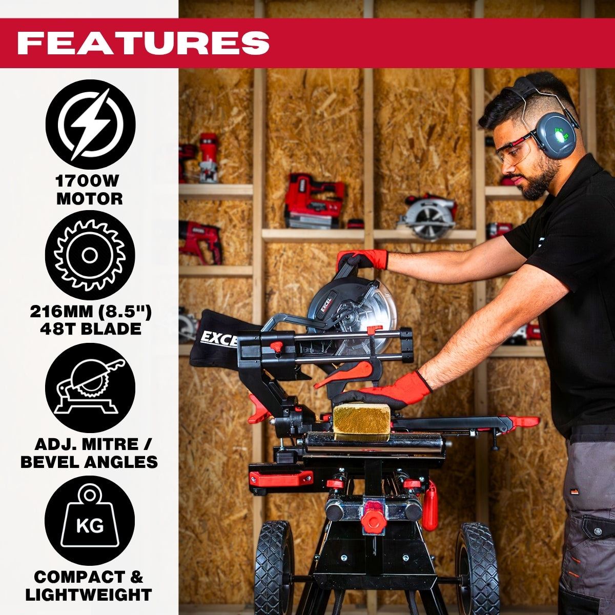 Excel 216mm Sliding Mitre Saw 240V/1700W with LED Light & Universal Stand