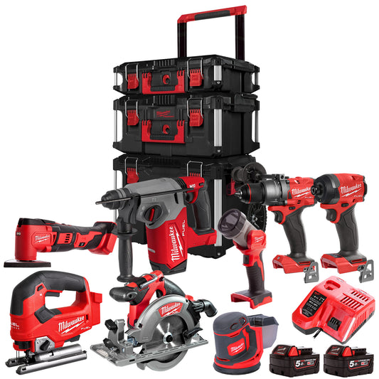 Milwaukee 18V 8 Piece Power Tool Kit With 2 x 5.0Ah Battery Charger & Trolley Toolbox