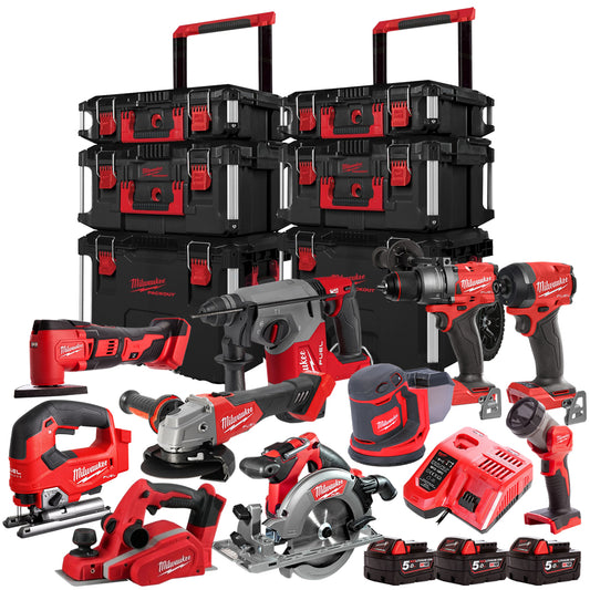 Milwaukee 18V 10 Piece Power Tool Kit With 3 x 5.0Ah Battery Charger & Trolley Toolbox