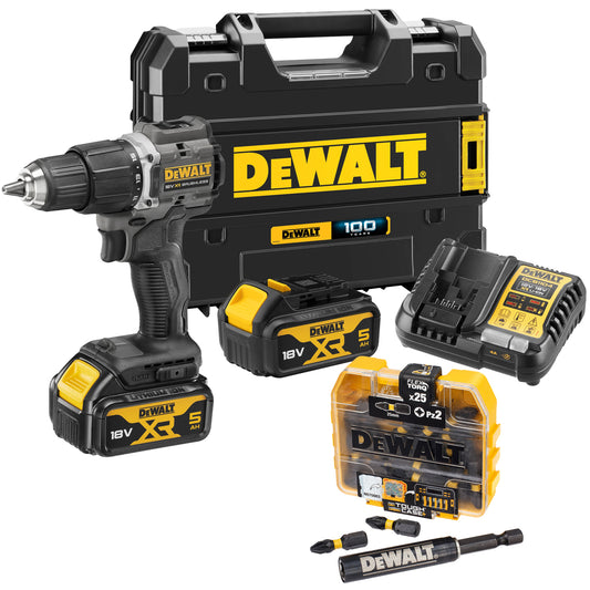 Dewalt DCD100P2T-GB 18V XR Brushless Combi Drill with 2 x 5.0Ah Batteries, Charger, TSTAK Case & Bit Set 25 Piece