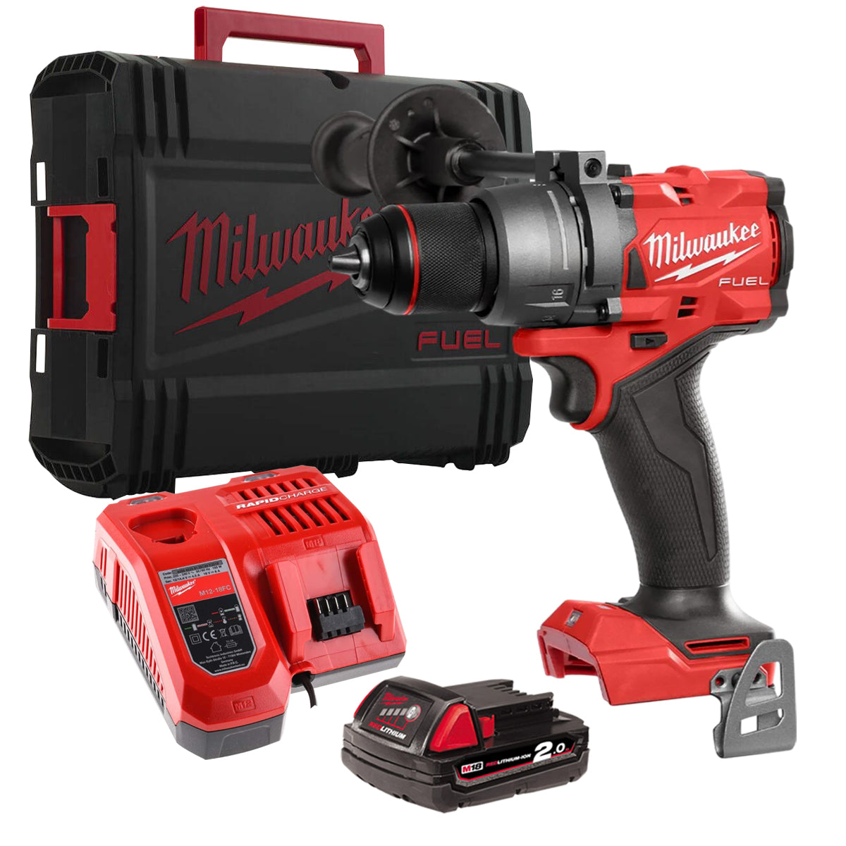 Milwaukee M18FPD3-0 18V Fuel Brushless Combi Drill with 1 x 2.0Ah Battery Charger & Carry Case