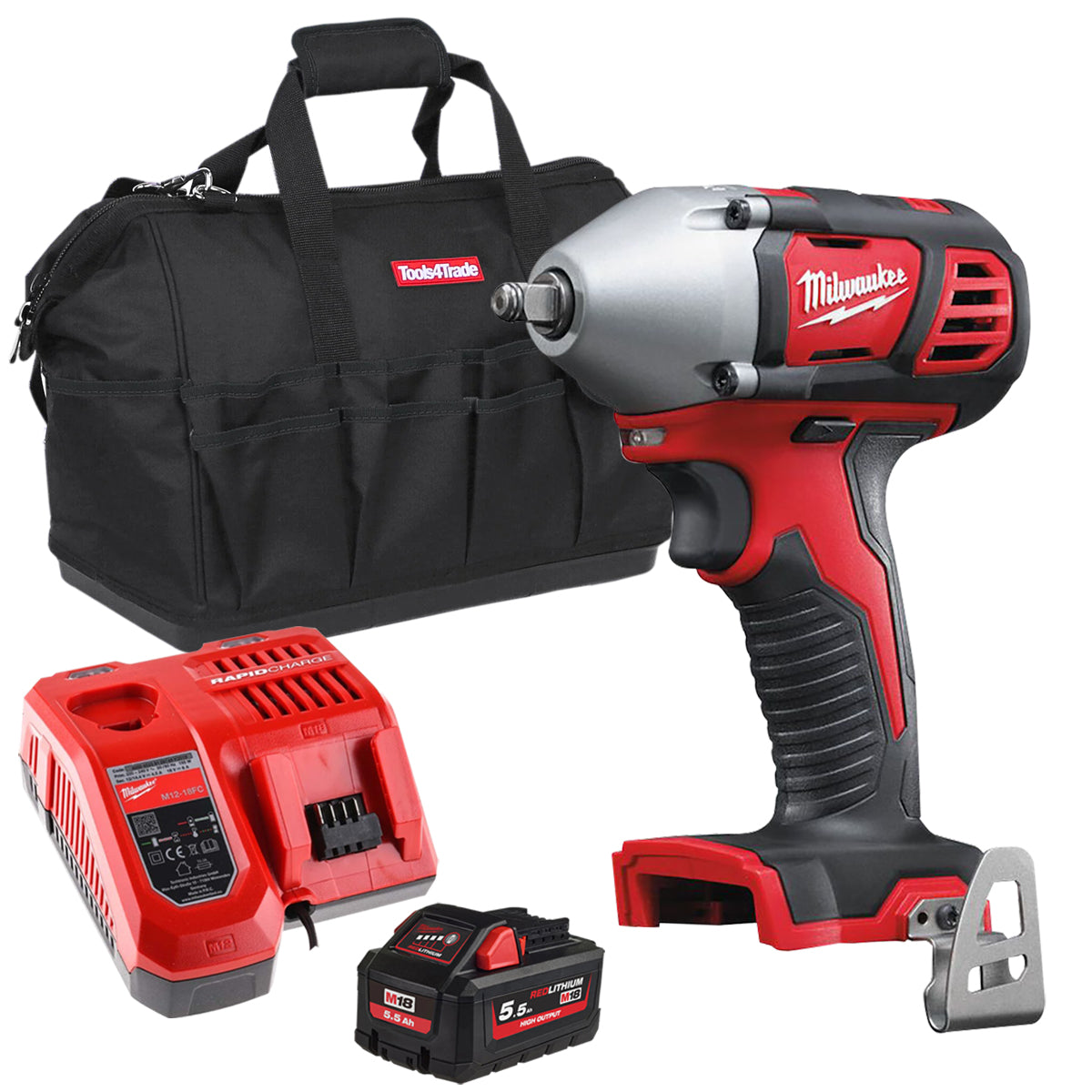 Milwaukee M18BIW38-0 18V Compact 3/8In Impact Wrench with 1 x 5.5Ah Battery Charger & Bag