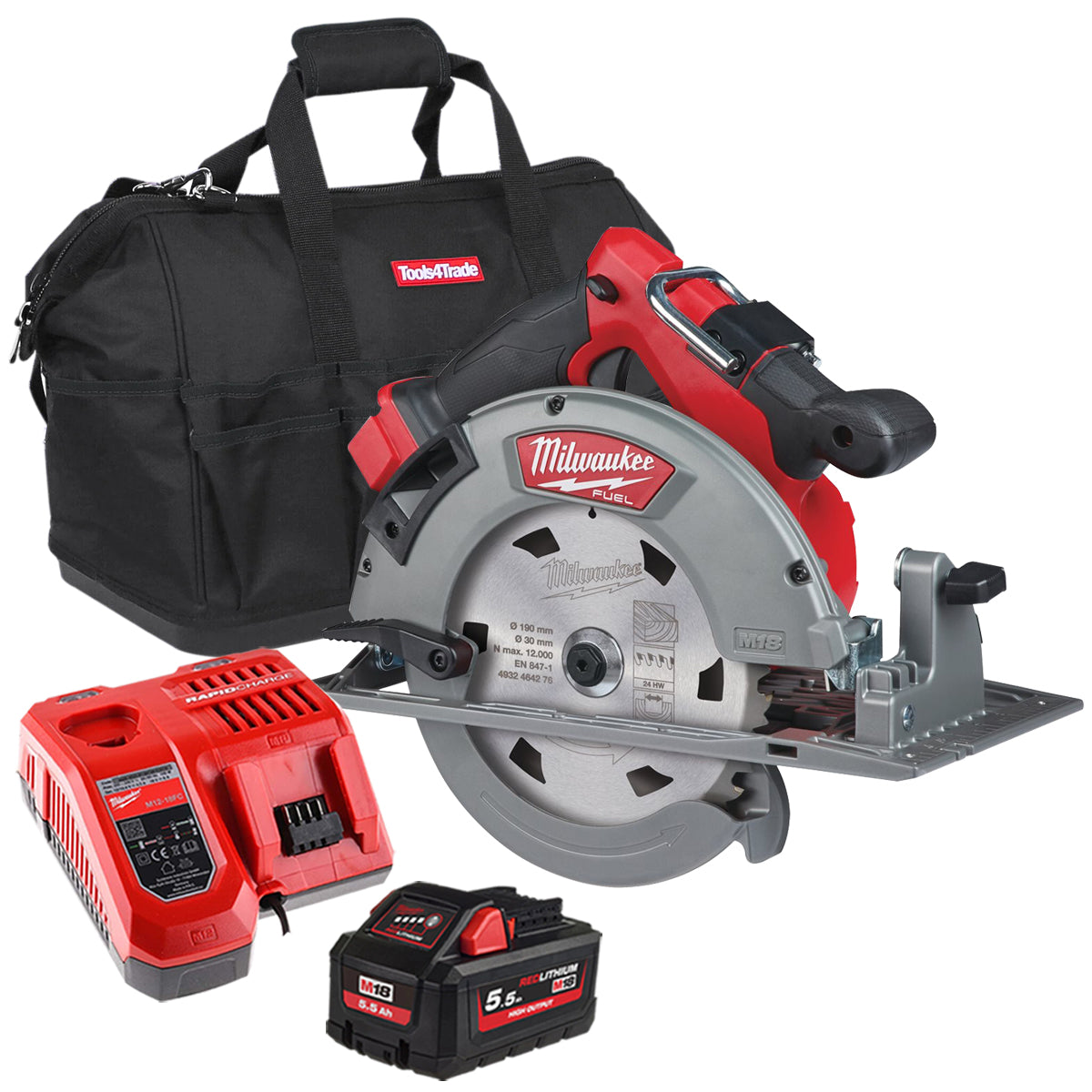 Milwaukee M18FCS66-0 M18 18V 66mm Fuel Brushless Circular Saw with 1 x 5.5Ah Battery Charger & Bag