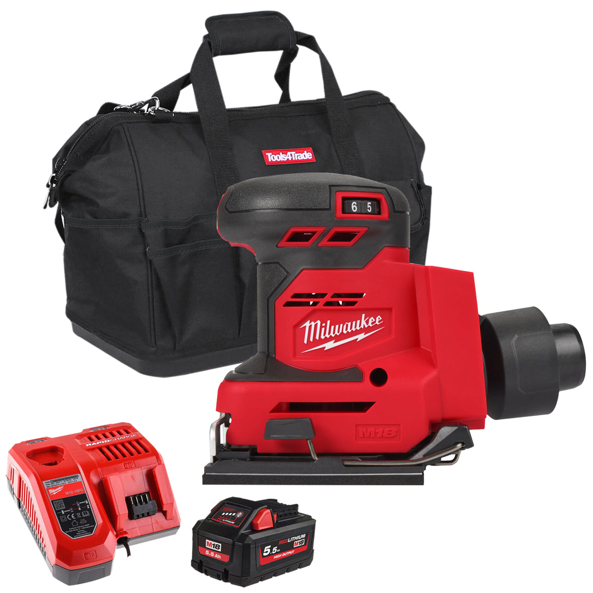 Milwaukee M18BQSS-0 18V Sheet Sander with 1 x 5.5Ah Battery Charger & Bag