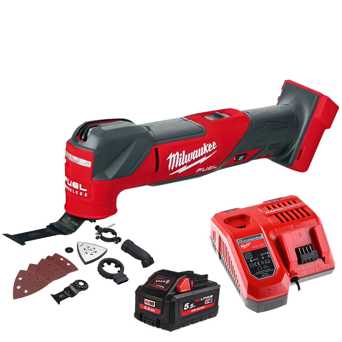 Milwaukee M18FMT-0 18v Fuel Brushless Multi Tool with 1 x 5.5Ah Battery Charger & Accessories