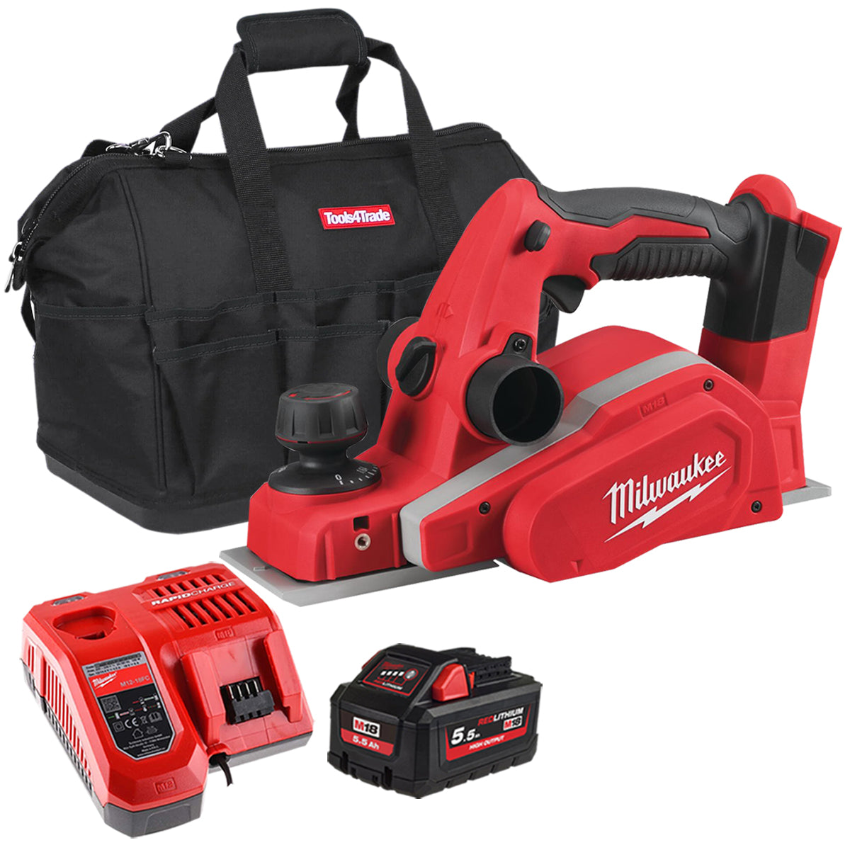 Milwaukee M18BP-0 18V Li-ion Cordless 82mm Compact Planer with 1 x 5.5Ah Battery Charger & Bag