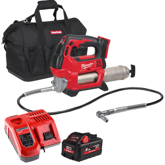 Milwaukee M18GG-0 18V M18 Cordless Grease Gun with 1 x 5.5Ah Battery Charger & Bag