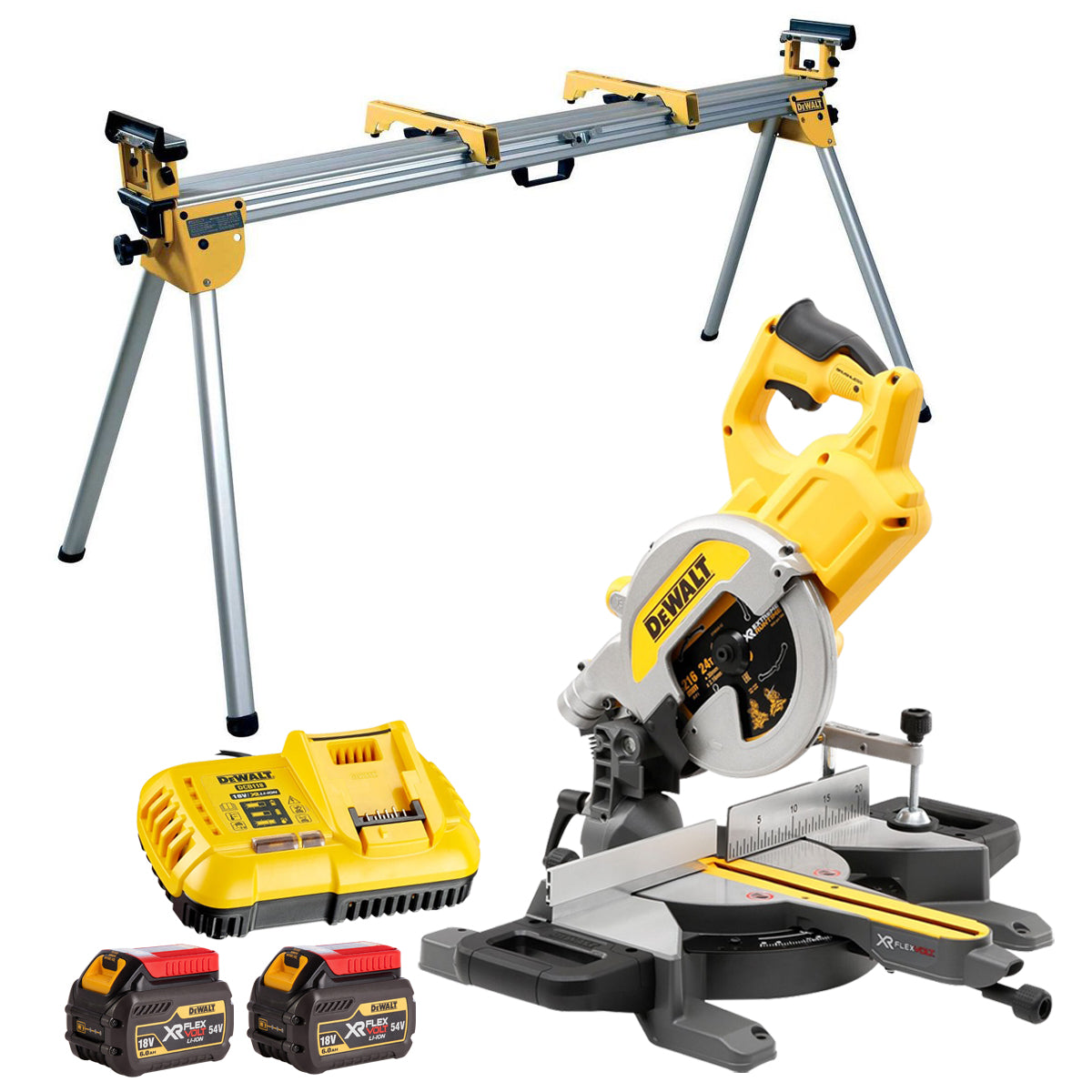 Dewalt DCS777N 54V Flexvolt Brushless 216mm Mitre Saw with 2 x 6.0Ah Battery Charger & Extendable Stand