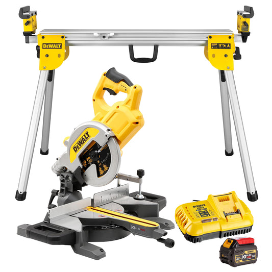 Dewalt DCS777N 54V XR Flexvolt Brushless 216mm Mitre Saw with 1 x 6.0Ah Battery Charger & Leg Stand