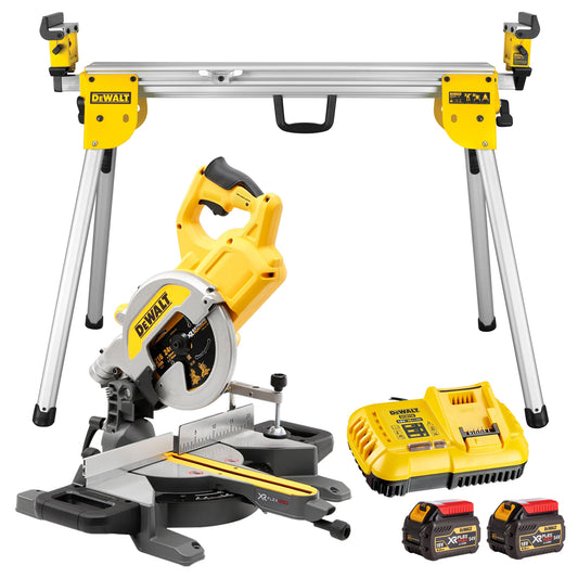 Dewalt DCS777N 54V XR Flexvolt Brushless 216mm Mitre Saw with 2 x 6.0Ah Battery Charger & Leg Stand