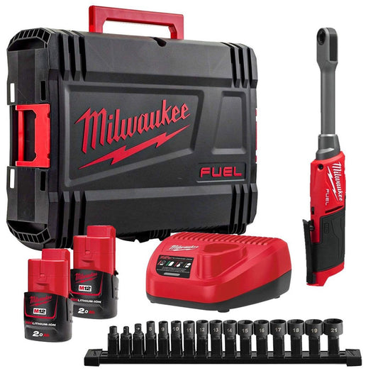 Milwaukee M12FPTR-202X 12V FUEL Brushless Pass Through Ratchet with 2 x 2.0Ah Batteries, Charger & Case