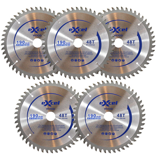 Excel TCT Circular Saw Blade 190mm 48 Tooth for Wood Pack of 5