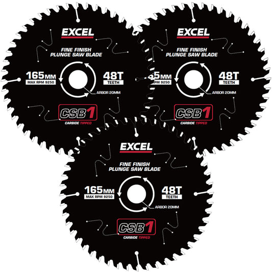 Excel 165mm Plunge Saw Blade 48T with Teflon Coating Pack of 3