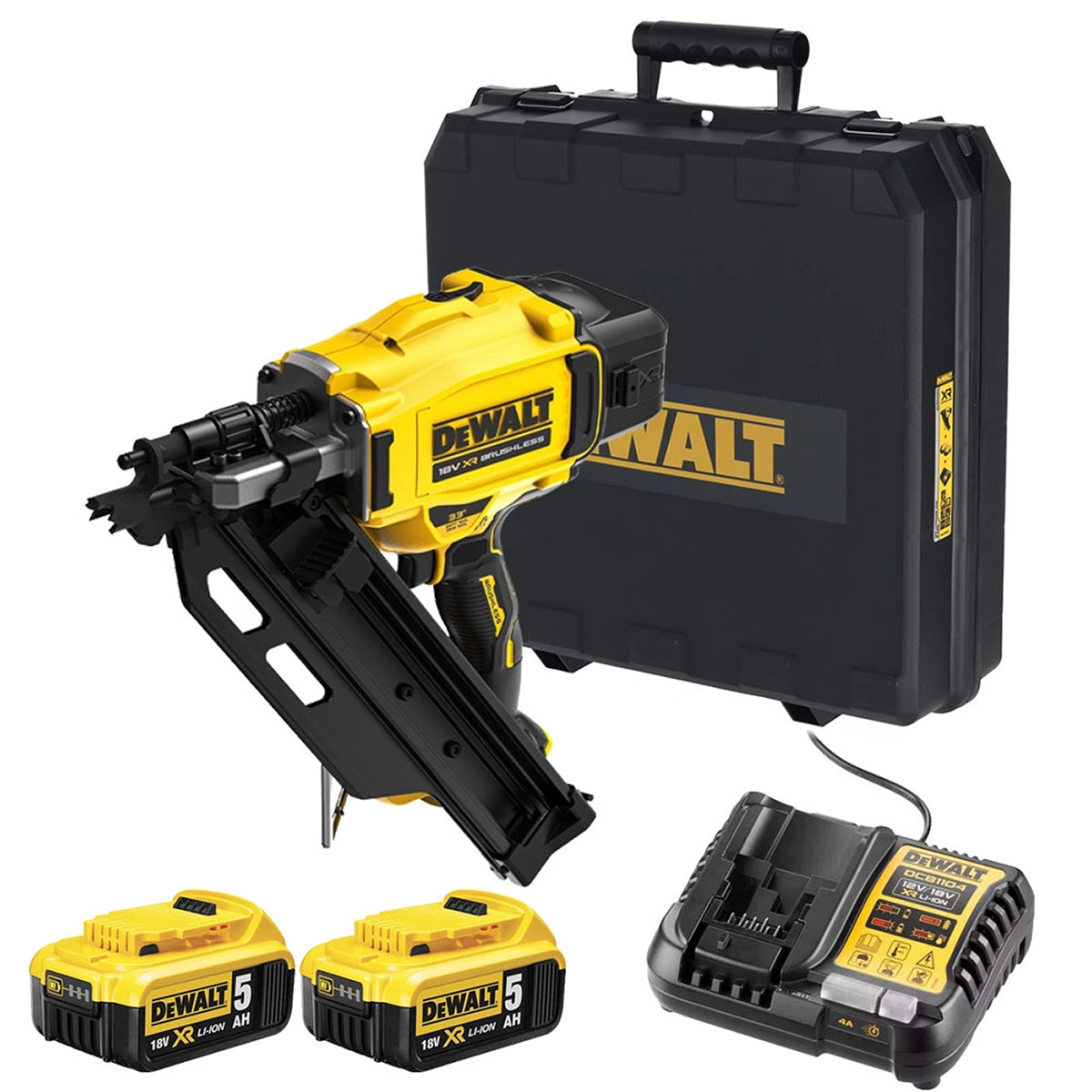 Dewalt DCN930P2 18V XR Brushless First Fix 90mm Framing Nailer with 2 x 5.0Ah Battery Charger & Case